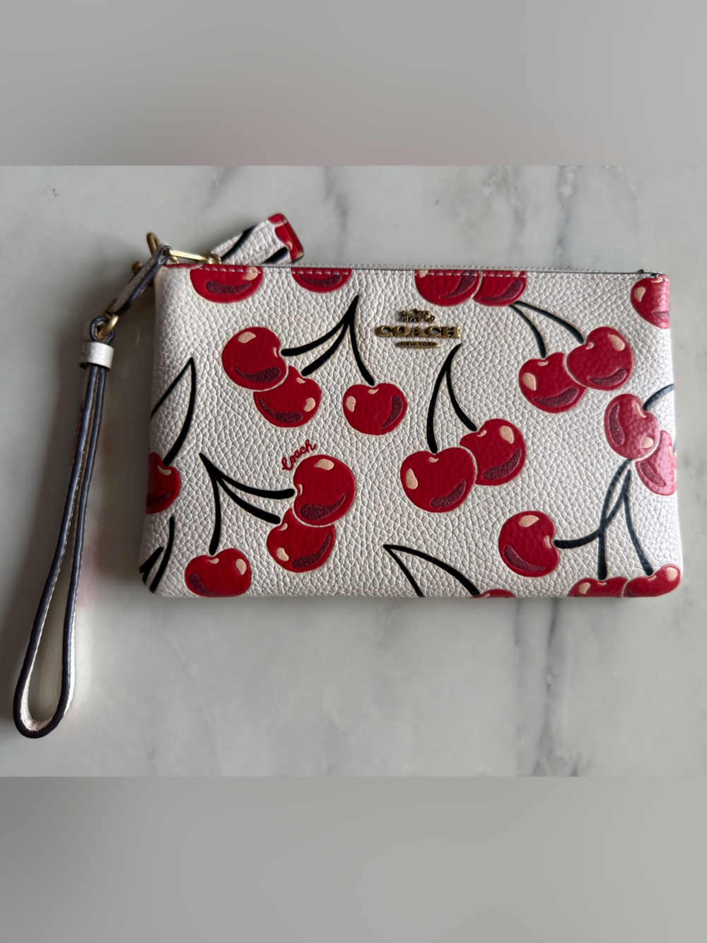 Coach White Leather Wristlet with Red Cherry Print - Authentic